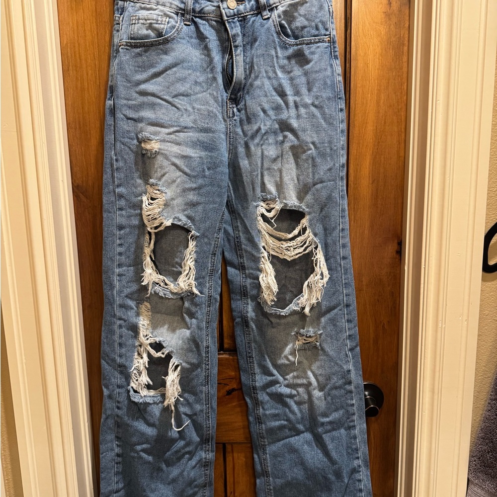 Distressed Straight Blue Jeans